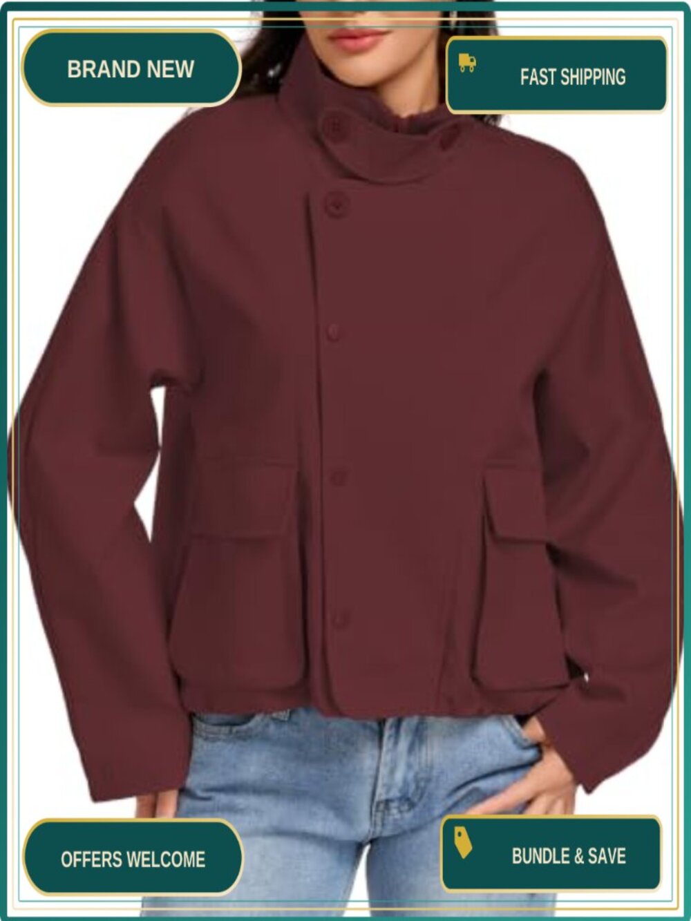 Womens Cropped Trench Coat Bomber Jacket Zip Button Front Long Sleeve